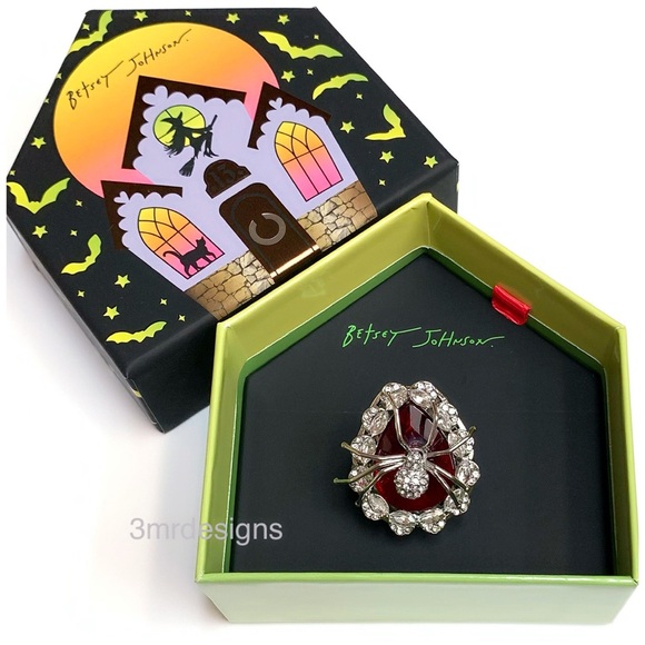 NIB Betsey Johnson💋SPIDER STONE Rhodium Plated Red Glass Crystal Ring - Picture 1 of 10